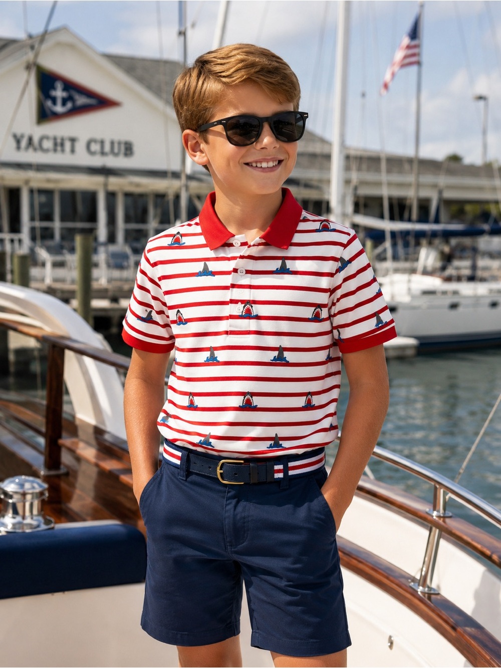 Boden Boys Shark Print Red & White Striped Polo Shirt Size 9-10Y  NWT